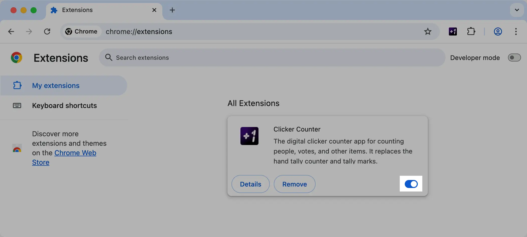 Screenshot showing how to enable/disable Clicker Counter extension