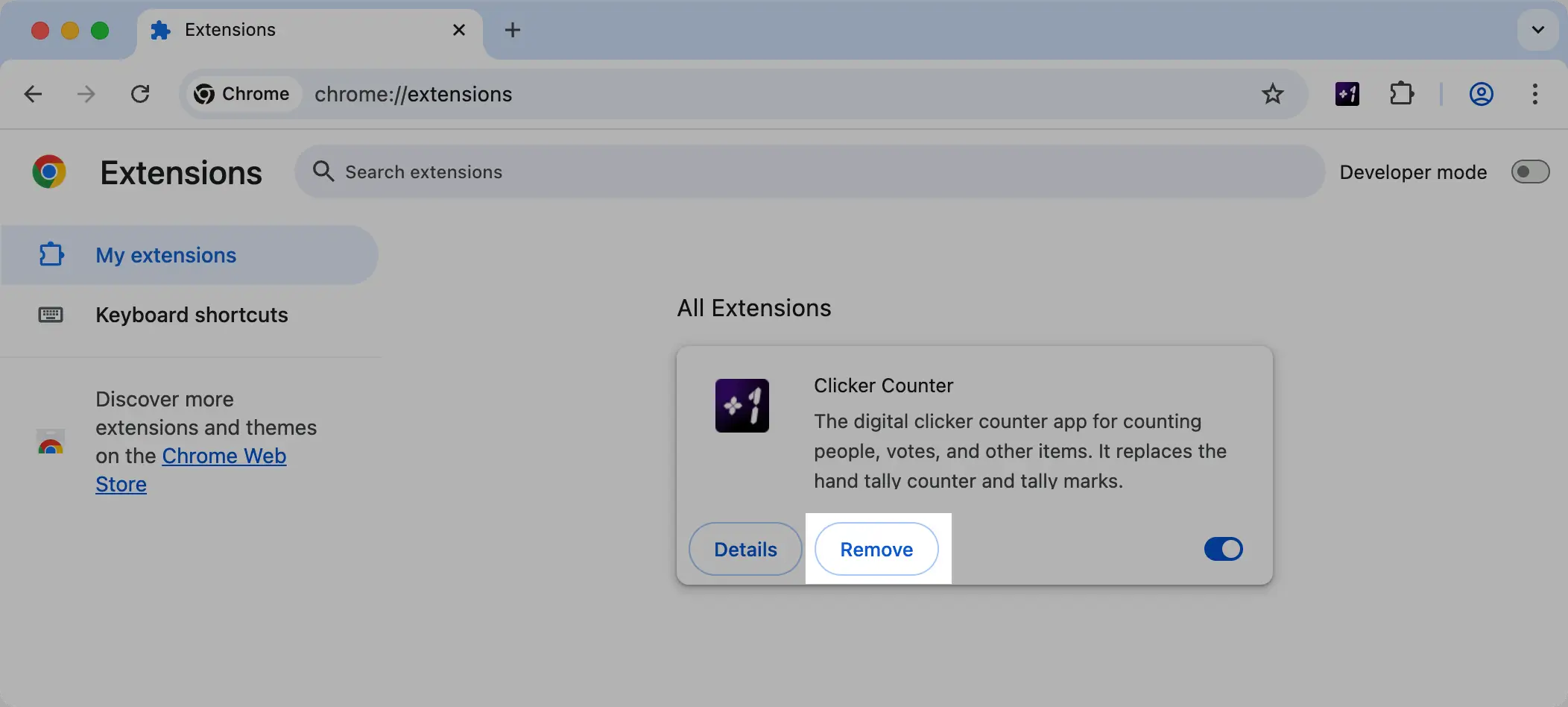 Screenshot showing how to remove Clicker Counter extension
